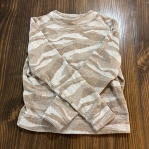 PRANA Womens Pullover Sweater Medium Tan Cream Zebra Camo Print Eco Knit